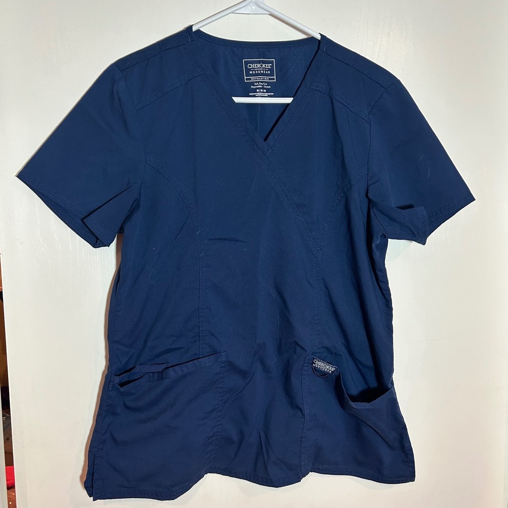 Cherokee Revolution Navy Blue Scrub Top V-Neck Short Sleeve M M
